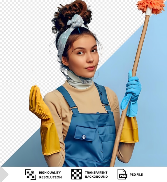 PSD young female cleaner in uniform with squeegee mop looking cautious