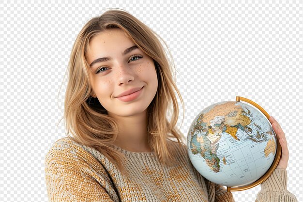 Young female dreaming and holding globe with one hand on isolated transparent background