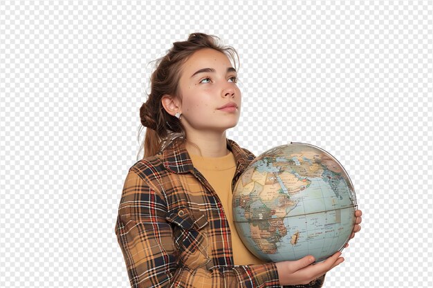 Young female dreaming and holding globe with one hand on isolated transparent background