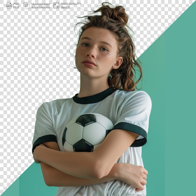 Young female football player with football on transparent background