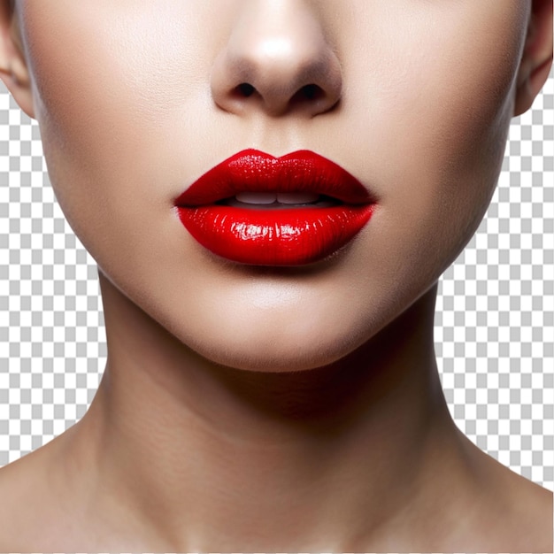 PSD young female mouth with full lips and red lipstick on transparent background