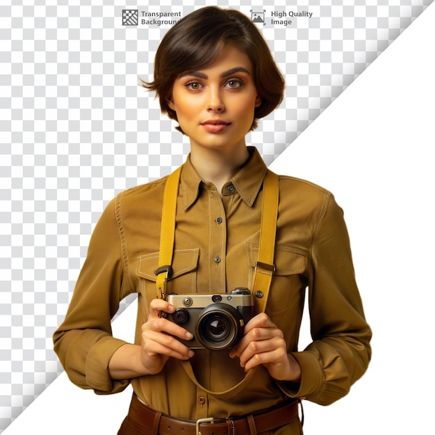 PSD young female photographer holding camera in studio portrait