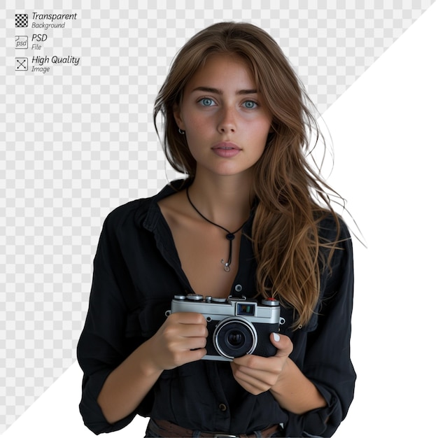 Young female photographer holding a vintage camera