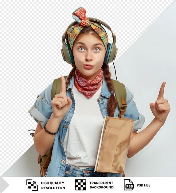 PSD young female student in blue shirt headphones bandana and backpack looks up pointing with a raised hand and blue eye