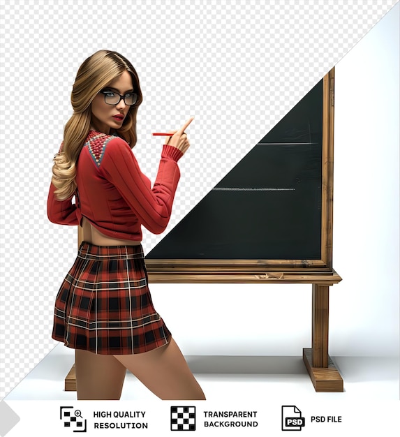 Young female teacher in glasses writes rules on blackboard in classroom wearing plaid skirt and red sweater