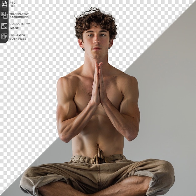 A young fit man doing yoga exercises on transparent background