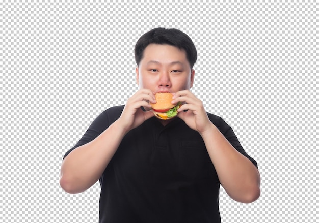 Young Funny Fat Asian man with hamburger Psd file