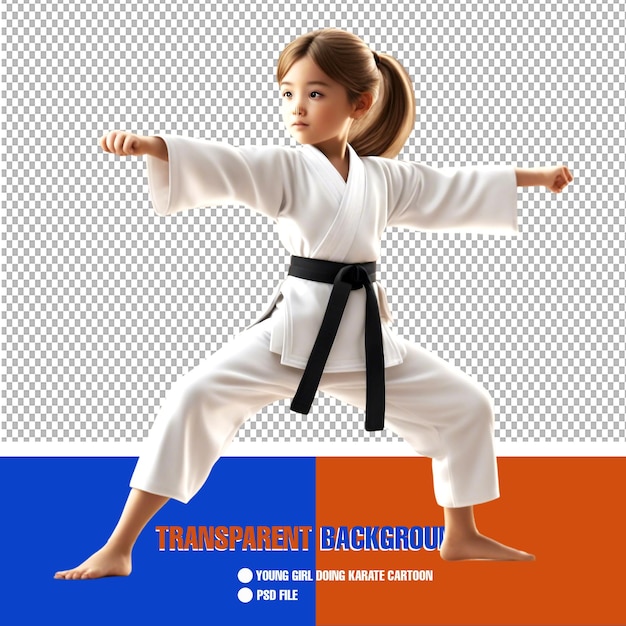 Young Girl Doing Karate Cartoon Character on Transparent Background