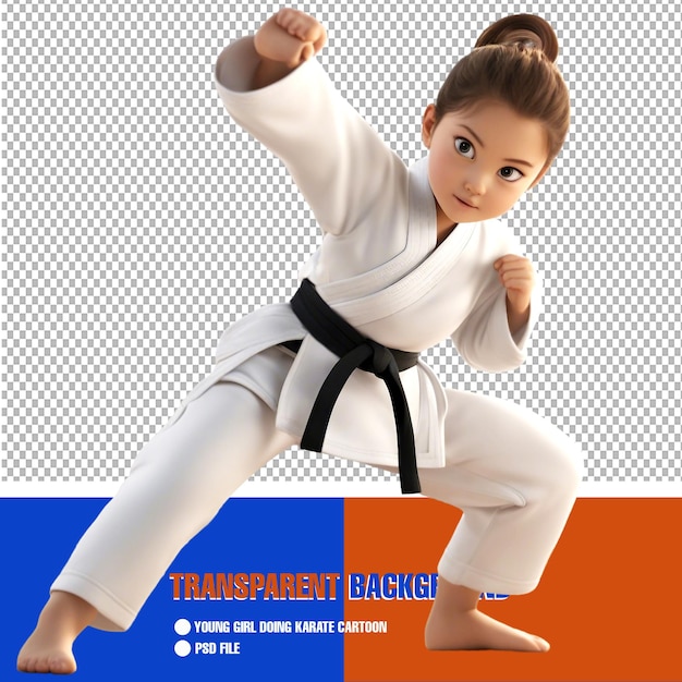 Young Girl Doing Karate Cartoon Character on Transparent Background