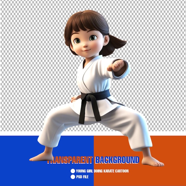 Young Girl Doing Karate Cartoon Character on Transparent Background