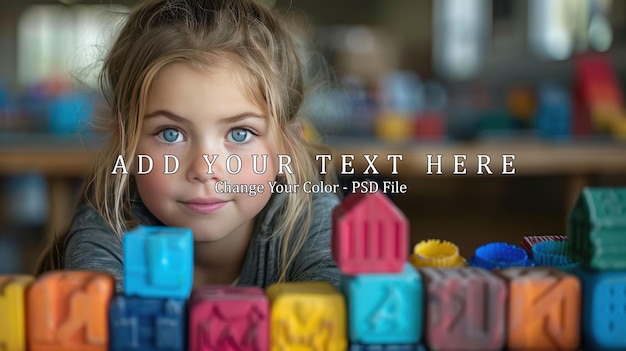 PSD young girl gazing thoughtfully at colorful wooden blocks