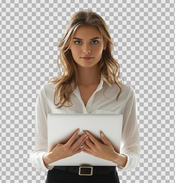 PSD a young girl holding a laptop on isolated transparent background