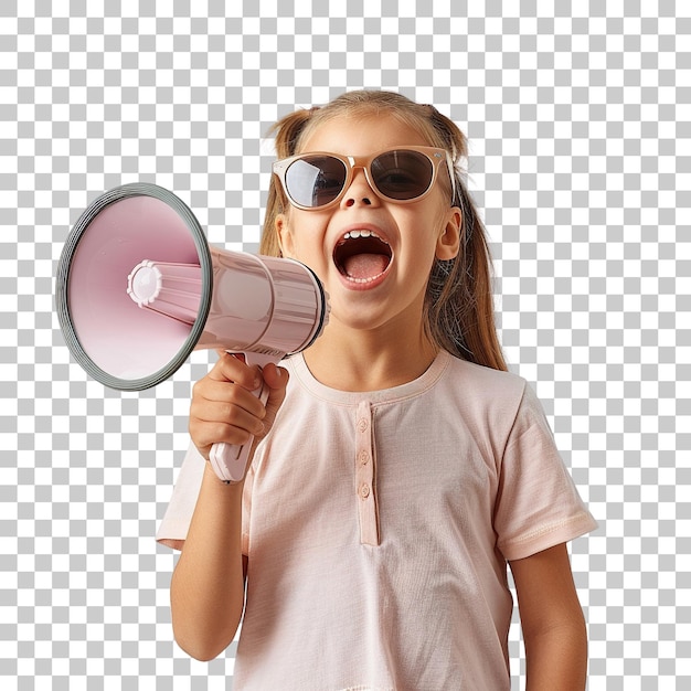 A young girl is holding a megaphone and smiling