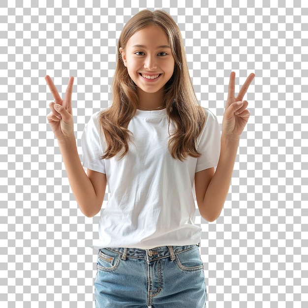 A young girl is smiling and holding up her hands in a peace sign