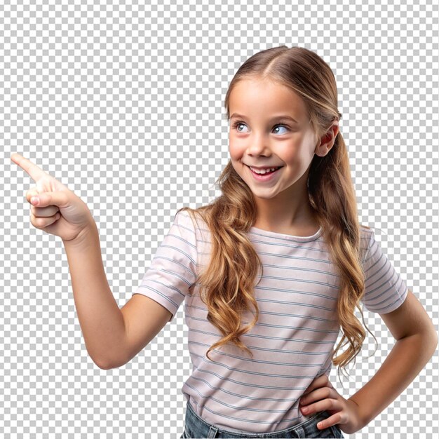 a young girl pointing a side on transparent background