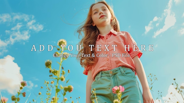 PSD young girl standing in a field of flowers with a blue sky