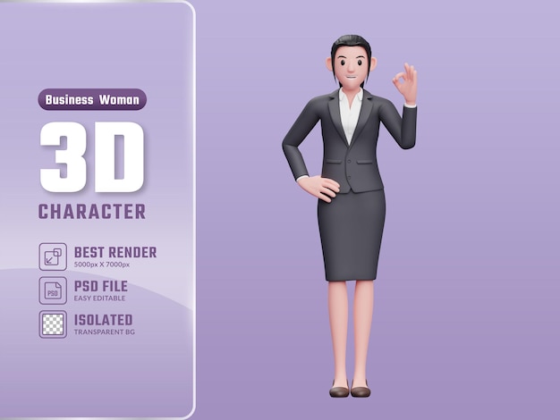 Young girl wearing formal dress give appreciation with finger 3D render business woman character