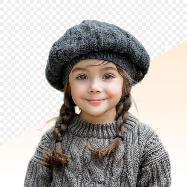 PSD a young girl wearing a hat and a sweater with a bow on it