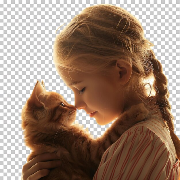 PSD young girl with pet cat alone against transparent background