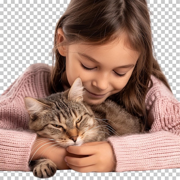 PSD young girl with pet cat alone against transparent background