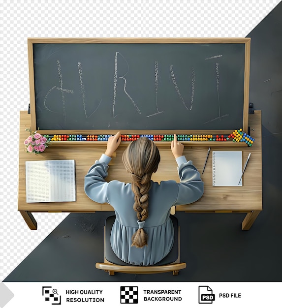 PSD a young girl writes on a blackboard with a wooden frame and her hands rest on a desk with beads isolated background