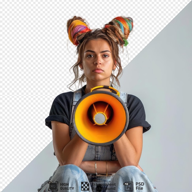 young hairdresser woman wearing aprspeaking megaphone looking camera with serious confident expressistanding look png psd