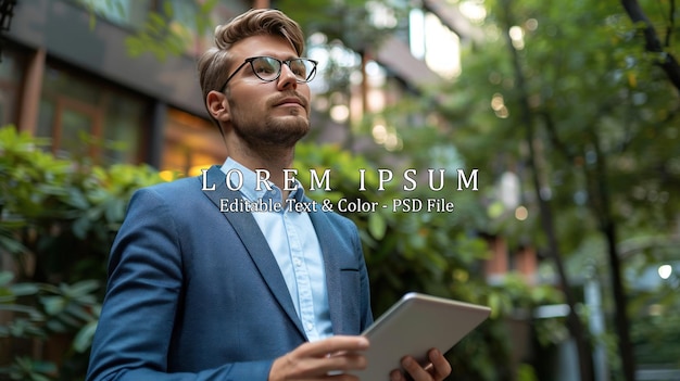 PSD young handsome business man holding a tablet looking away ai generated