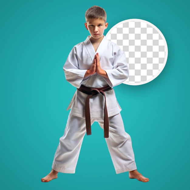 PSD young handsome sportsman dressed in kimono practice in karate isolated over grey background looking aside