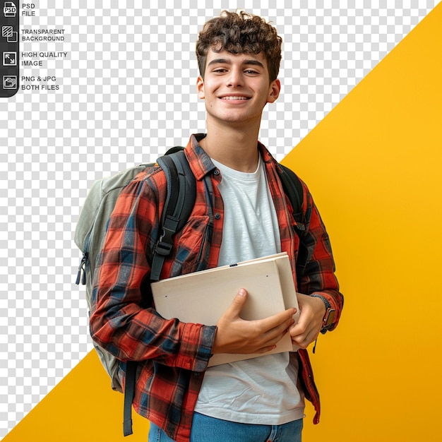 A young handsome student man with backpack isolated on transparent background