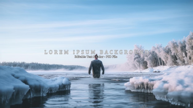 PSD young healthy man going to swim in an ice hole made in the winter lake aigenerated