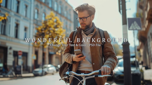 Young hipster businessman walking with bicycle