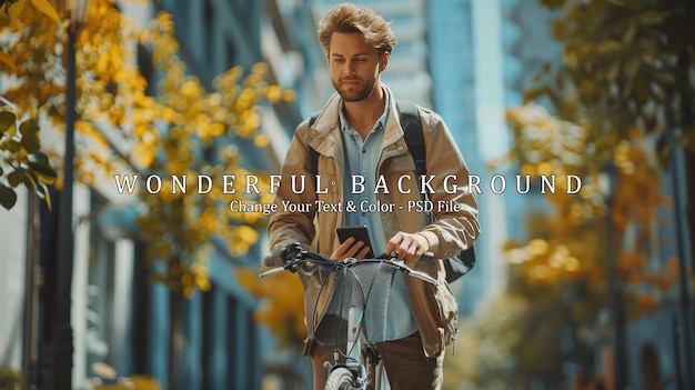 Young hipster businessman walking with bicycle