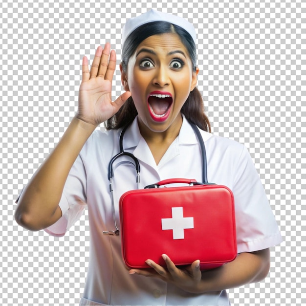 PSD young indian nurse with first aid kit shouting