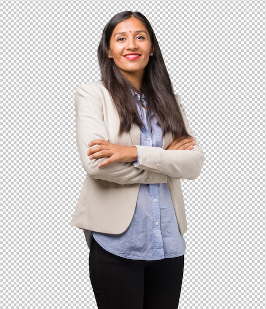 Young indian woman crossing his arms, smiling and happy, being confident and friendly