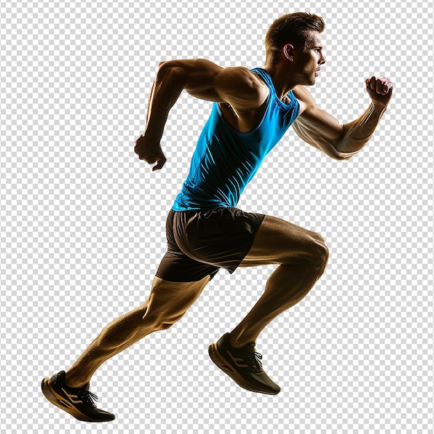 Young male athlete running isolated on transparent background