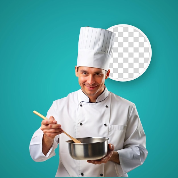 Young male cook in chef uniform holding pot and eating from spoon isolated on orange space