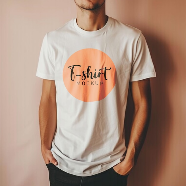 Young male in front view white tshirt Design men t shirt template and mockup for branding or print