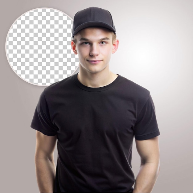 Young male model in a black t shirt on a transparent background