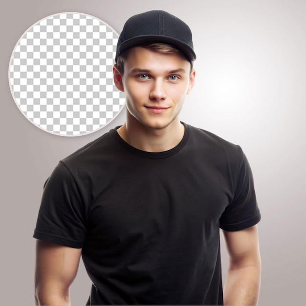 Young male model in a black t shirt on a transparent background