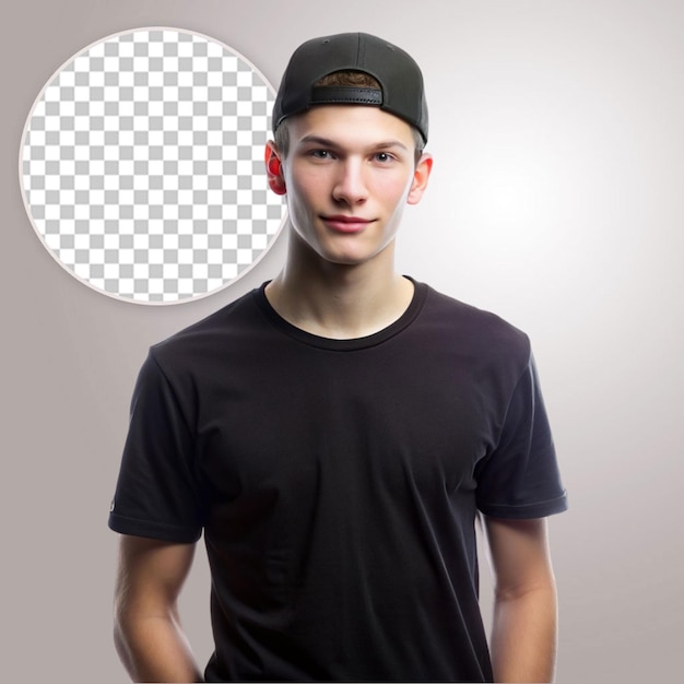 PSD young male model in a black t shirt on a transparent background