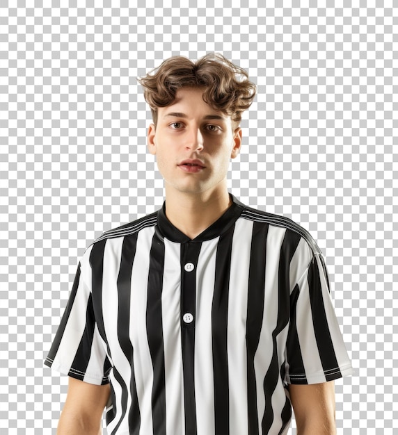 PSD young male referee in black and white striped shirt isolated on transparent background