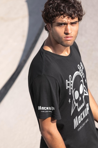 Young male skateboarder with mock-up t-shirt