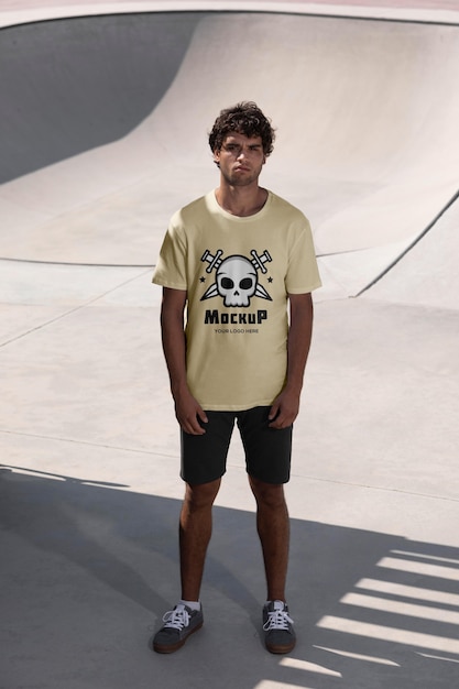 Young male skateboarder with mock-up t-shirt