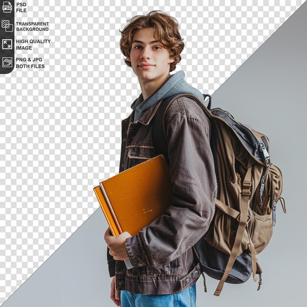 PSD young male student with books on transparent background