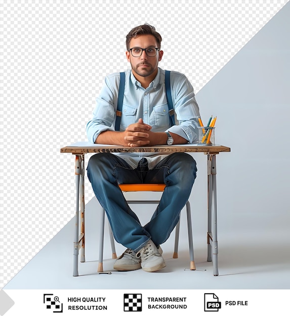 young male teacher sitting desk with school tools classroom background wearing blue shirt