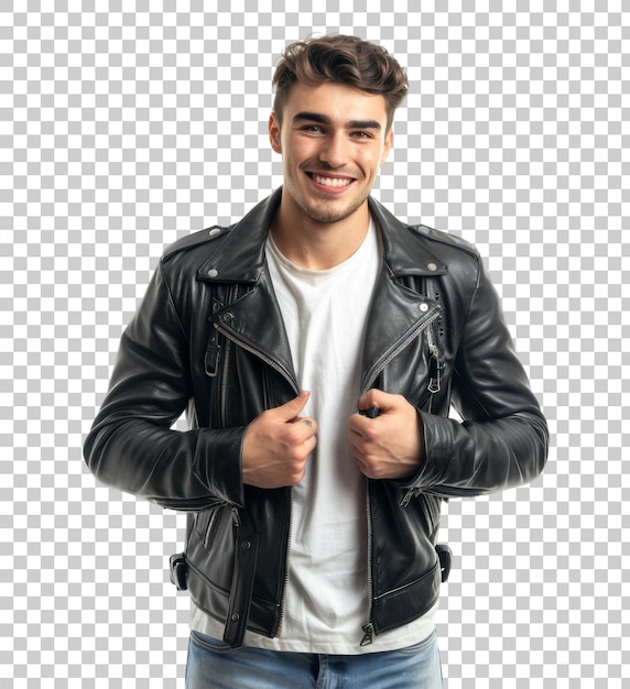 PSD young man in black leather jacket isolated on transparent background