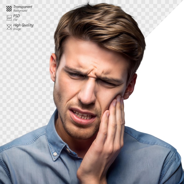 Young man in blue shirt feeling severe tooth pain