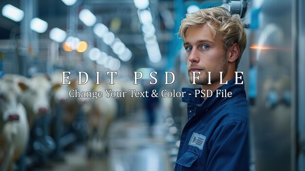 Young Man in a Blue Work Uniform in a Dairy Farm