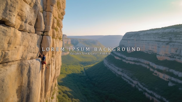 PSD young man climbing on a limestone wall with wide valley on the background