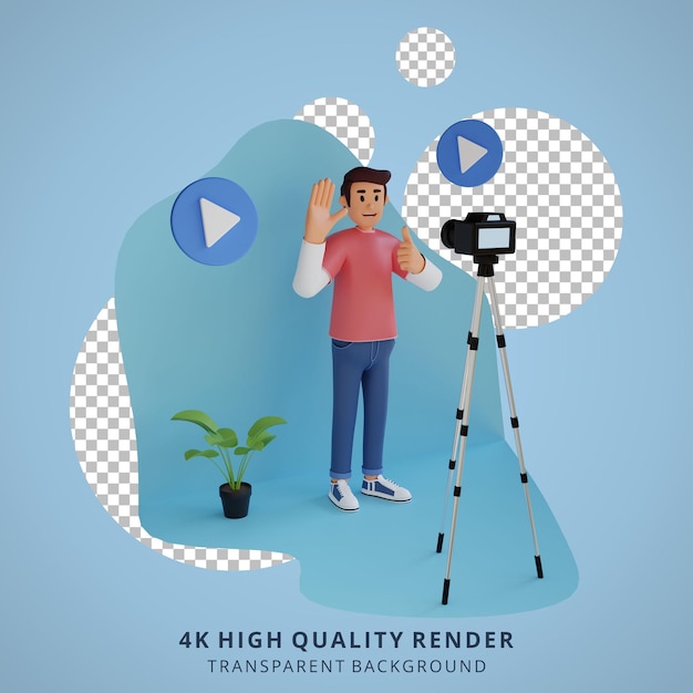 Young man doing video recording 3d character illustration